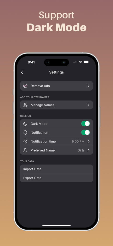 Muslim Baby Names Finder app settings screen with dark mode enabled