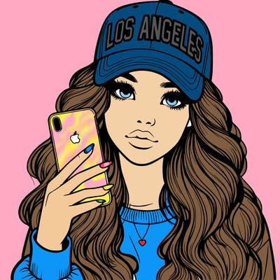 realistic beautiful girl wearing los ángeles cap holding an iphone