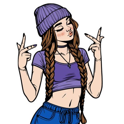 realistic teenage girl with braids and a beanie and crop top doing 🫶🏼