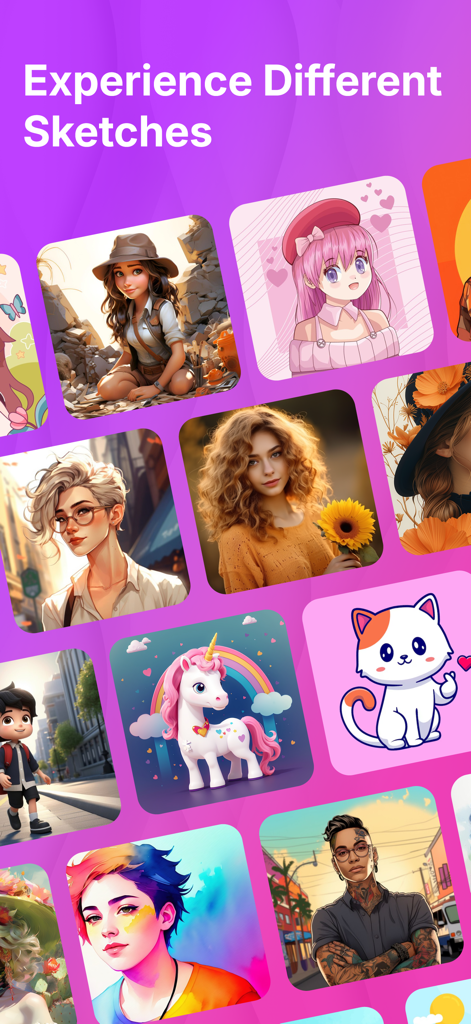 A collection of diverse character and animal sketches available for drawing in augmented reality