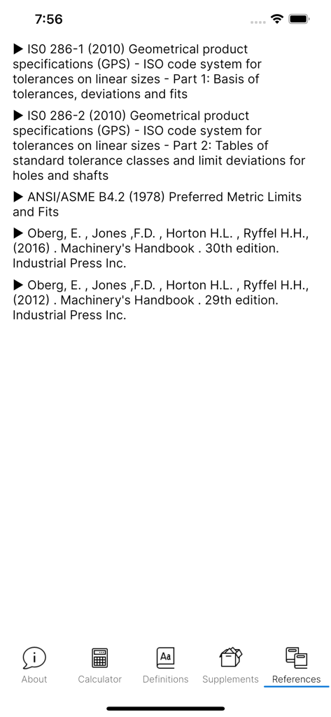 References screen listing ISO and ANSI engineering standards and Machinery Handbook editions.