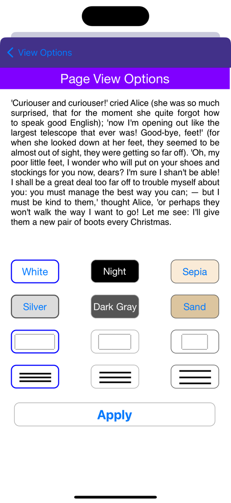 A FB2 Reader - Interface showing page view options for A FB2 Reader including color schemes and text spacing