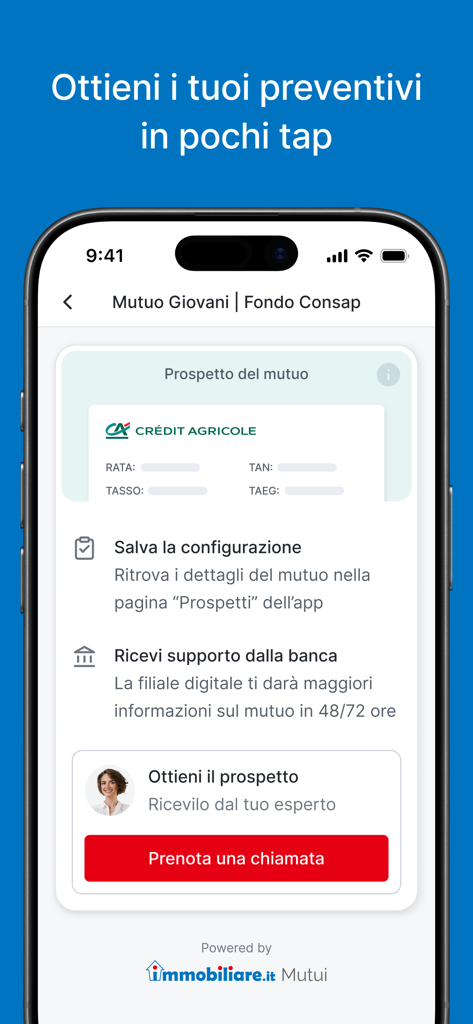 Immobiliare.it Mutui - Mobile screen of the Immobiliare.it Mutui app displaying a mortgage quote from Credit Agricole with a call to action to book a consultant call.