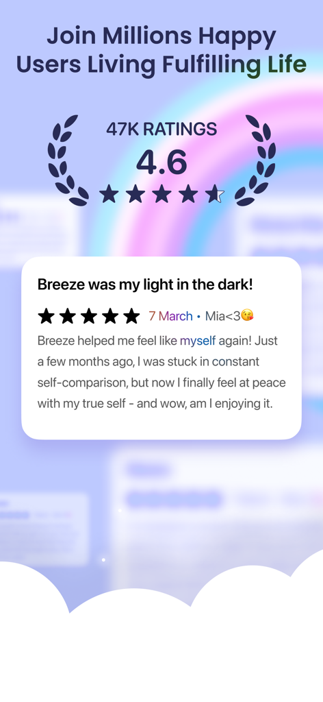 Breeze app user review and rating screen featuring a 4.6 star score and a positive testimonial.