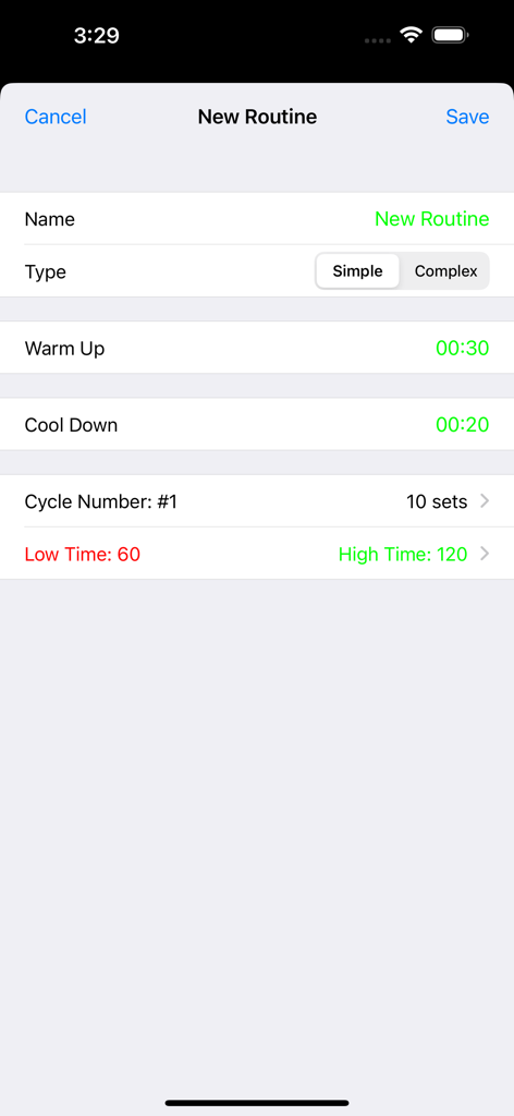 Interfaz de la aplicación HIIT Interval Timer que muestra la creación de una nueva rutina de entrenamiento con ajustes para calentamiento, enfriamiento y ciclos.