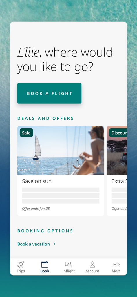 WestJet mobile app interface with a Book a Flight button and current travel deals