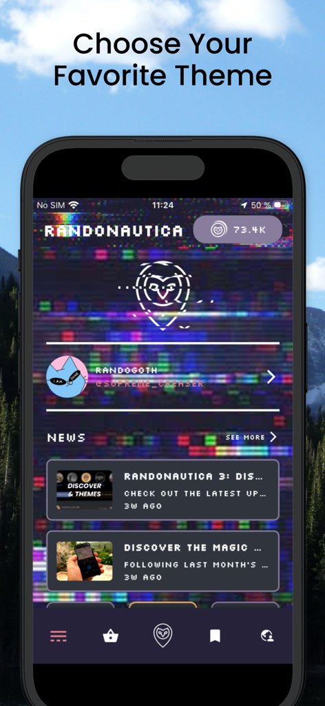 Interface de l'application mobile Randonautica montrant un thème esthétique de glitch coloré avec un logo de hibou et un fil d'actualité