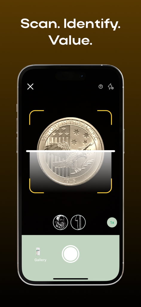 AI Coin Scanner & Identifier - A smartphone screen showing the AI coin scanner app identifying a gold coin with an eagle