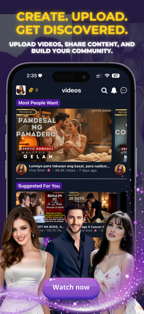 SeLeBox - SeLeBox app interface showing trending video stories and a watch now button
