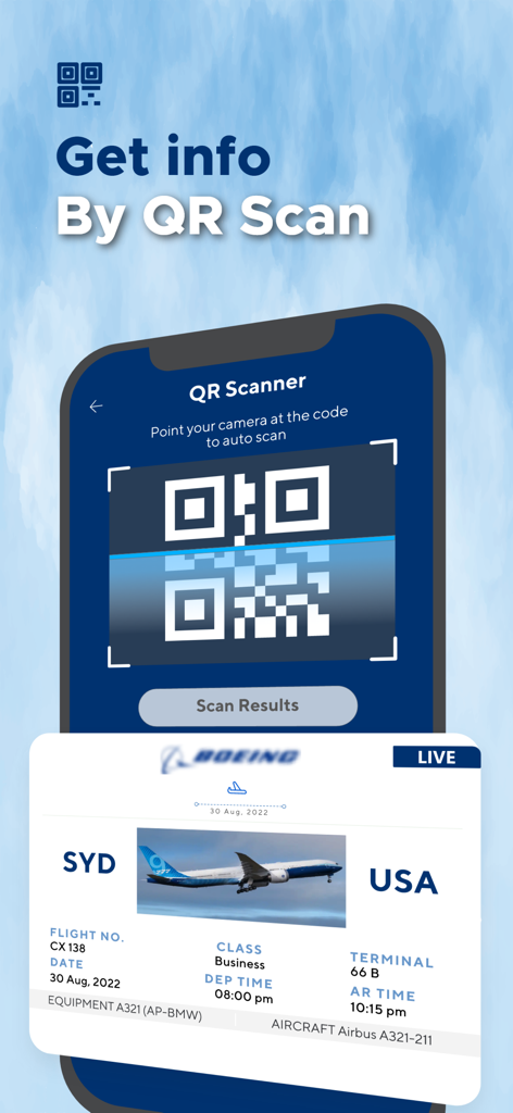 Mobile app screen showing a QR code scanner and the resulting flight information details for a Boeing aircraft from Sydney to USA.