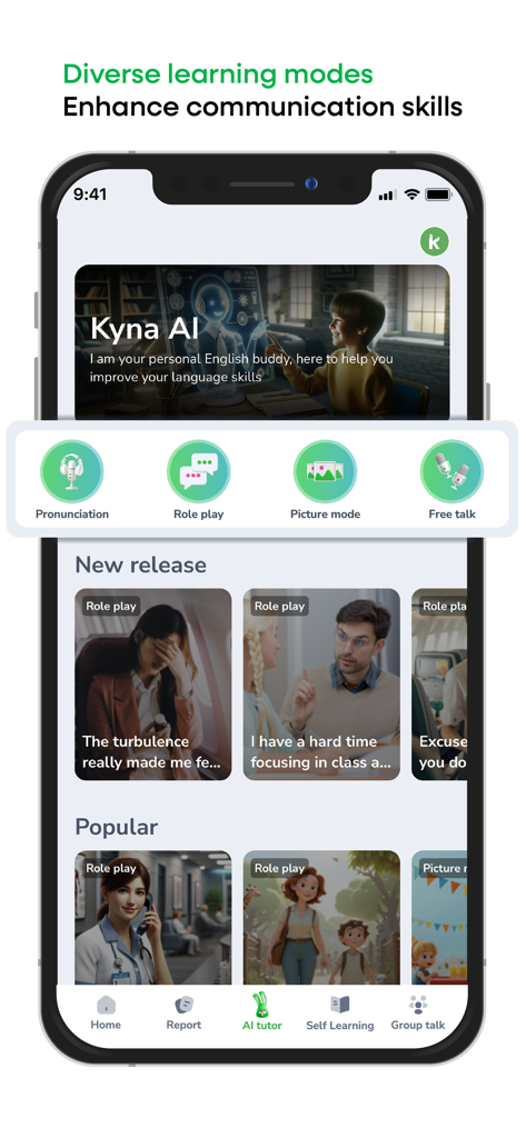 Kyna English - Kyna English app screen displaying diverse AI-powered learning modes like role play and pronunciation practice.