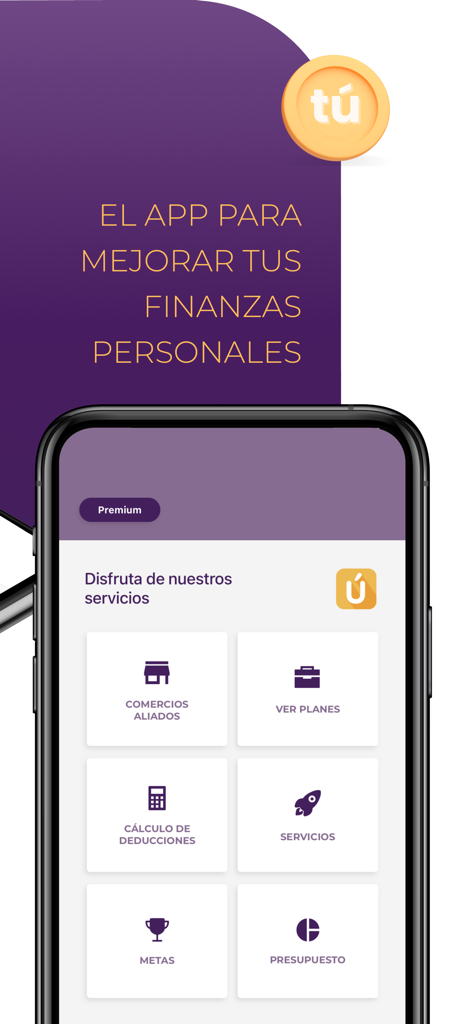 Factu - Mobile App-Oberfläche von Factu, die verschiedene Finanztools zeigt, darunter Budget zur Berechnung von Steuerabzügen und Ziele auf Spanisch