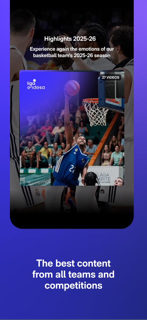 RM Play app screen showing Real Madrid basketball highlights for the 2025-2026 season.