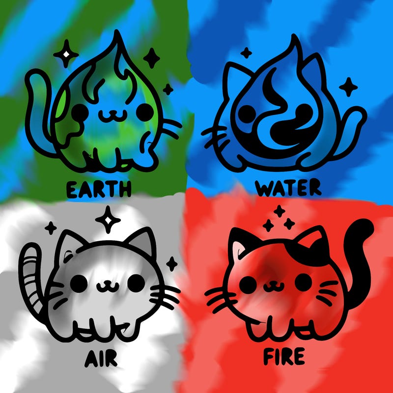 4 cats that represent the different elements, earth, water, air, and fire