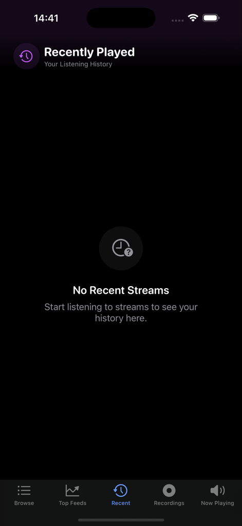 Recently Played screen of the Police Scanner Radio app showing no recent listening history