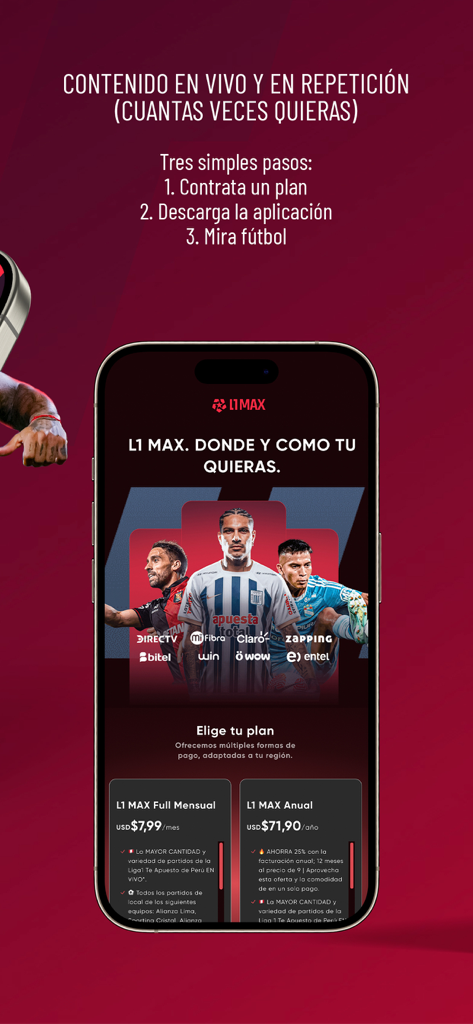 L1 MAX - L1 MAX app screen showing subscription plans for live and replay Peruvian soccer games on a mobile device