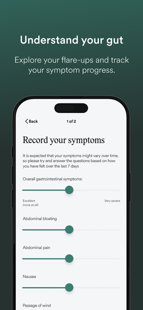 Ein Smartphone-Bildschirm aus der Nerva App, der eine Symptomaufzeichnungsoberfläche mit Schiebereglern für Blähungen und Schmerzen zeigt.