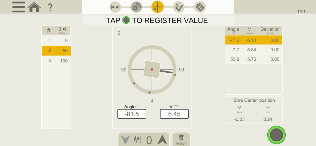 Data recording screen in the Easy-Laser XT Alignment app showing bore center position and angle measurements