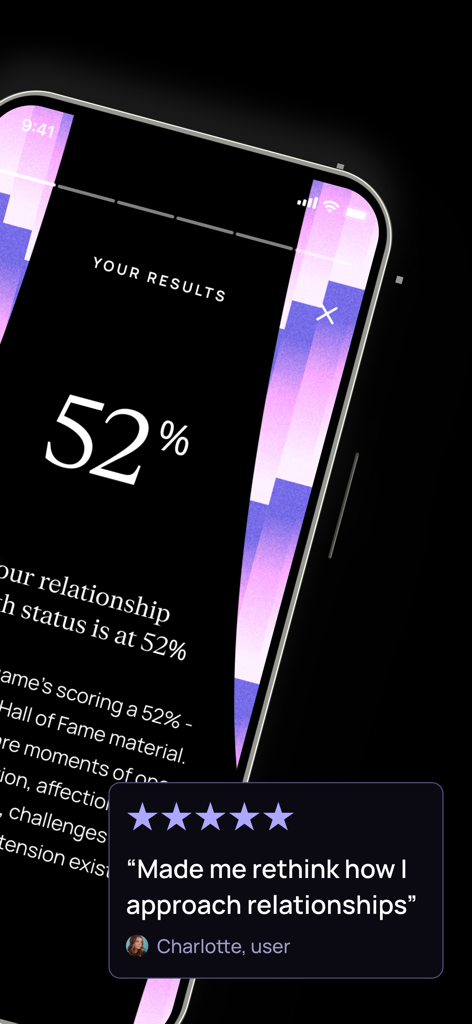 Amori: personal dating coach - Amori app screen showing a fifty two percent relationship health status result and a five star user testimonial