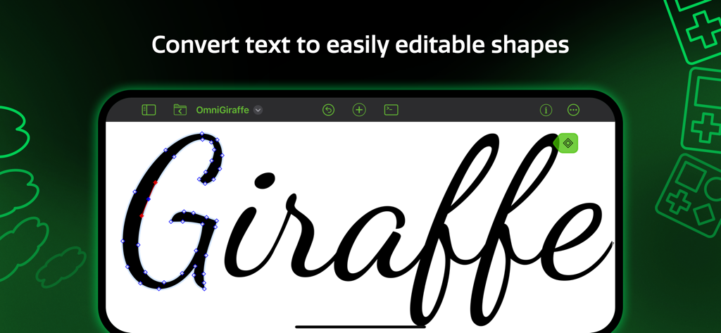 OmniGraffle 3 app interface demonstrating how to convert text into editable vector shapes on an iPad.