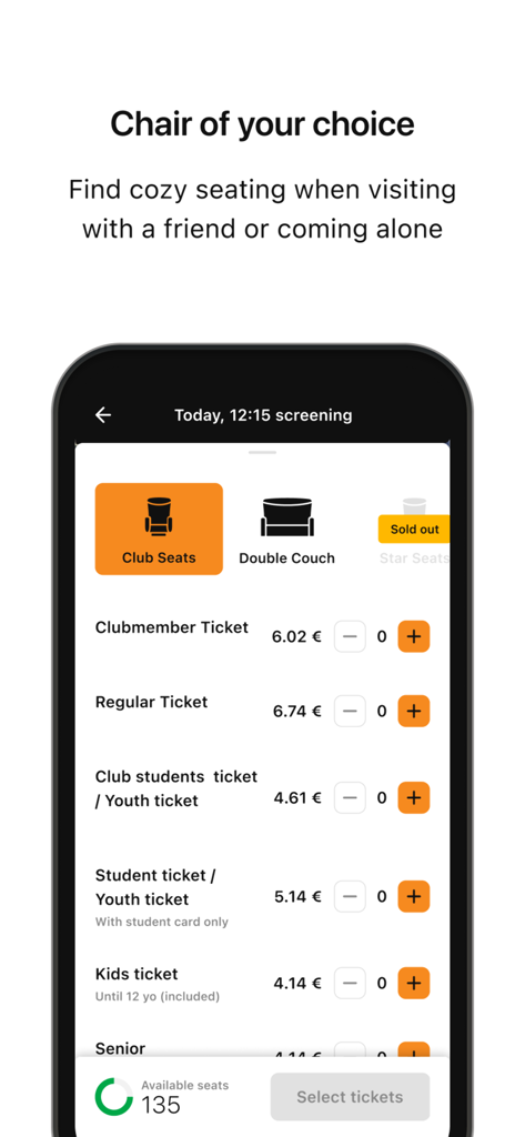 Apollo Kino Latvija app interface for selecting cinema seats and ticket types