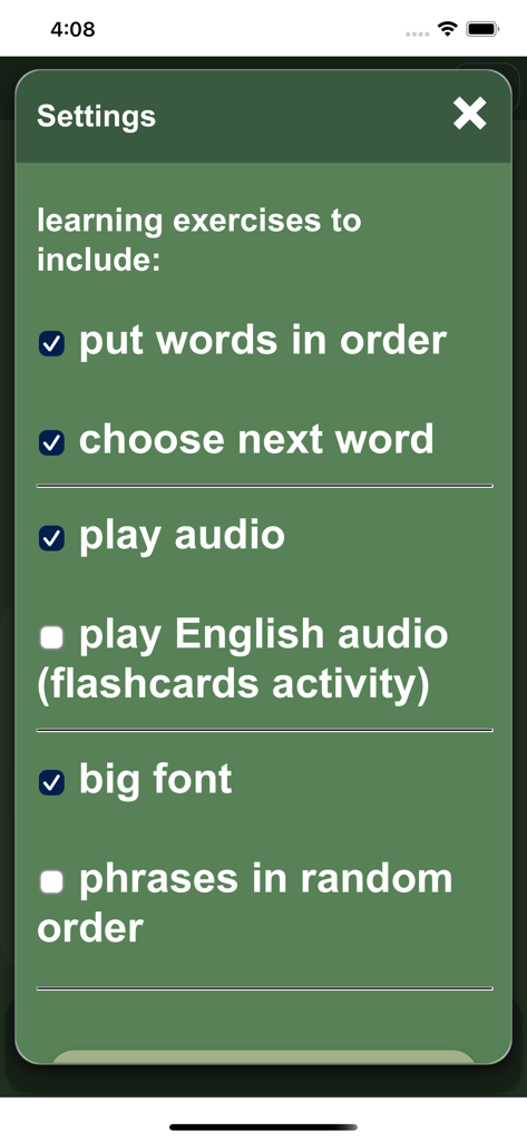 Speak Tagalog (Filipino) - Una captura de pantalla de la página de configuración de la aplicación Speak Tagalog que muestra opciones para personalizar ejercicios de aprendizaje como el orden de las palabras y la reproducción de audio.
