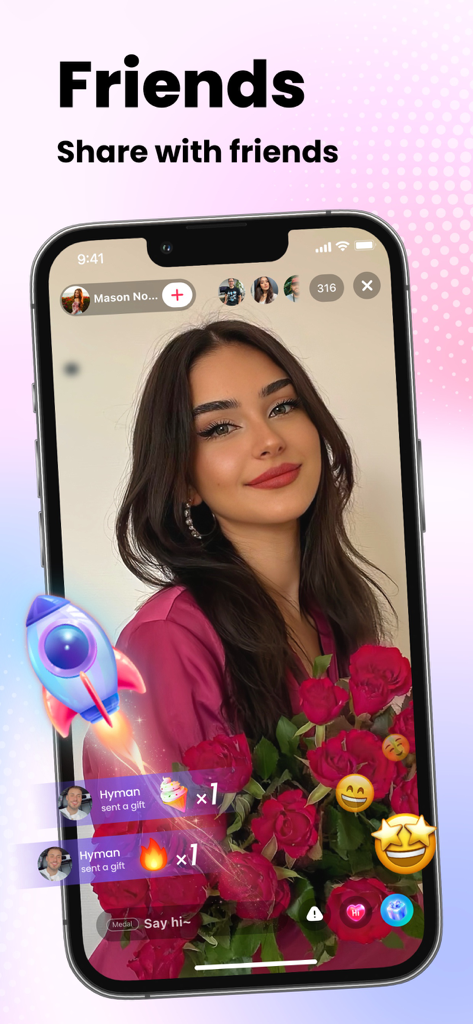 A live stream on the Piko Live app showing a creator receiving virtual gifts from viewers with the caption Share with friends.