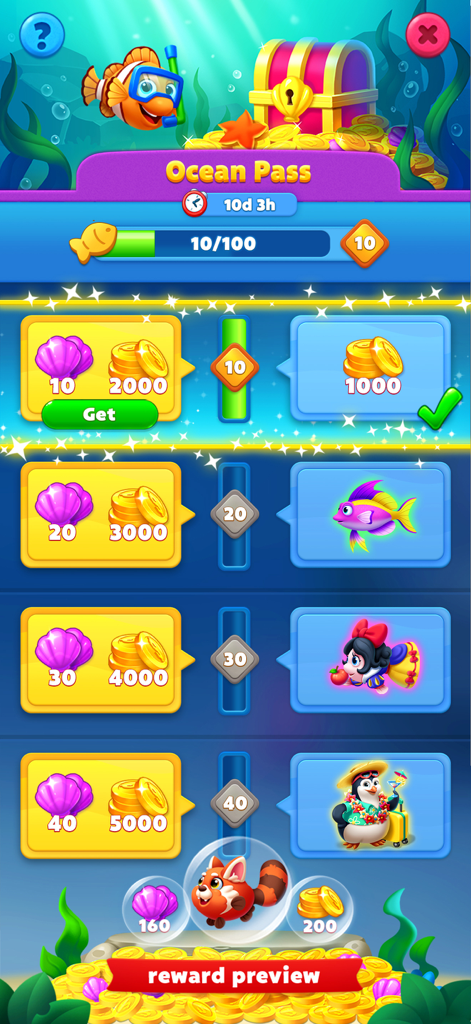 A progression menu for the Ocean Pass in Solitaire Ocean featuring reward tiers for coins shells and unique underwater characters