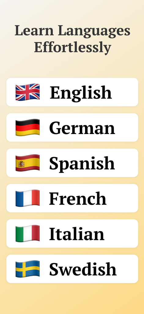 Vocabuo - Language Vocabulary - Language selection screen in the Vocabuo app showing flags for English German Spanish French Italian and Swedish