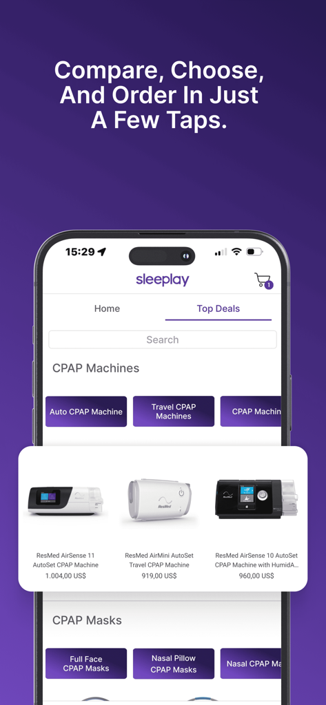 Sleeplay - Sleeplay app interface displaying a selection of CPAP machines and accessories