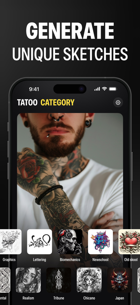 AI Tattoo Design Generator ㅤ - AI tattoo generator app screen showing various tattoo style categories