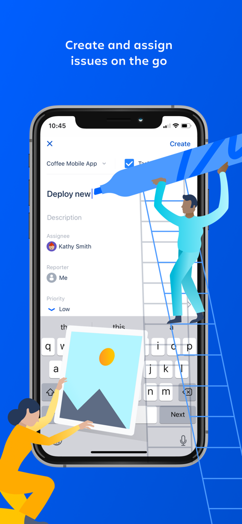 Pantalla que muestra cómo crear y asignar tareas en la aplicación móvil Jira Data Center.