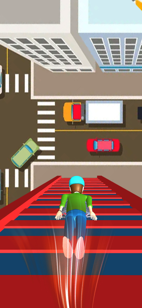 Wingsuit Ride: Skydiving Game - Un personaje con un traje de wingsuit verde y azul saltando desde una rampa alta y roja sobre una calle de la ciudad con coches