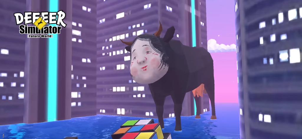 DEEEER Simulator: Future World - Eine surreale Kuh mit menschlichem Gesicht, die in einer futuristischen Stadt aus DEEEER Simulator steht.