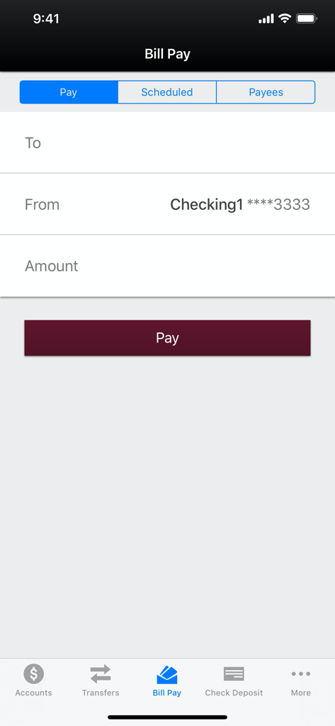 Mechanics Bank Mobile Banking app bill pay screen showing account payment fields and navigation menu