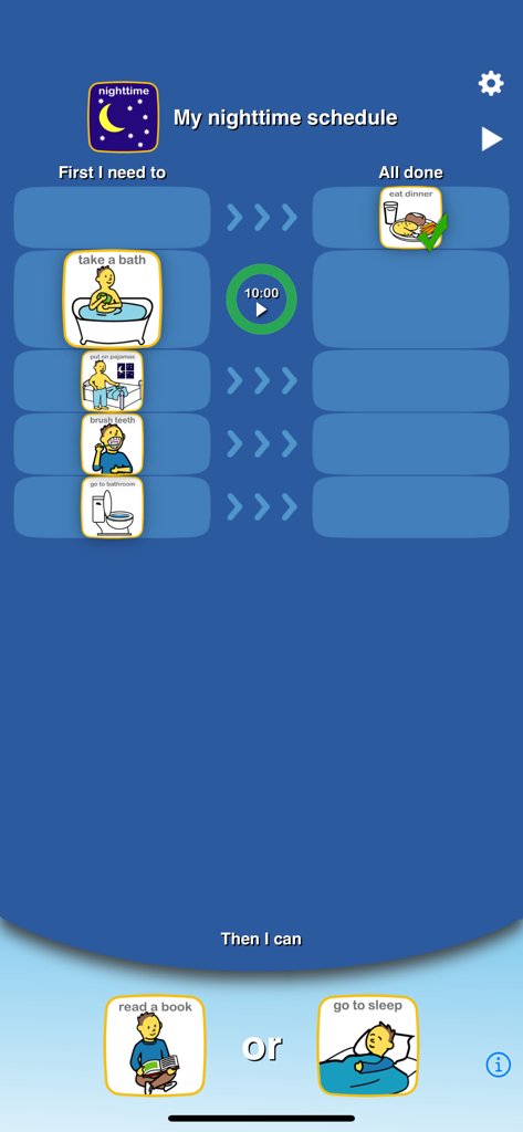 Choiceworks - A visual schedule for a nighttime routine featuring steps like taking a bath and brushing teeth.