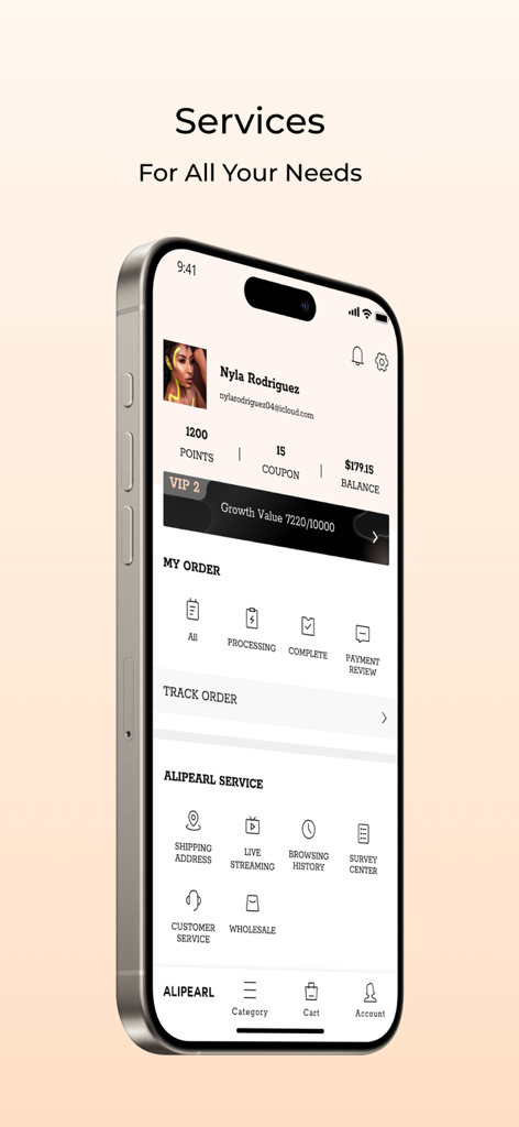 Alipearl: Best Human Hair Wigs - Alipearlアプリのアカウントダッシュボード。ユーザープロフィール、リワードポイント、注文追跡サービスを表示しています。