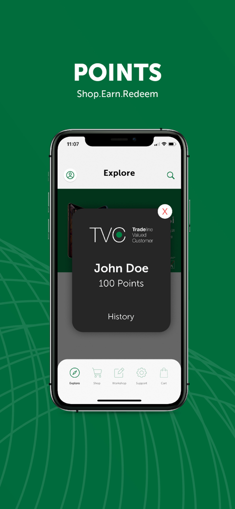 Tradeline Stores - Aplicación móvil Tradeline Stores mostrando la interfaz del sistema de puntos de lealtad y recompensas.