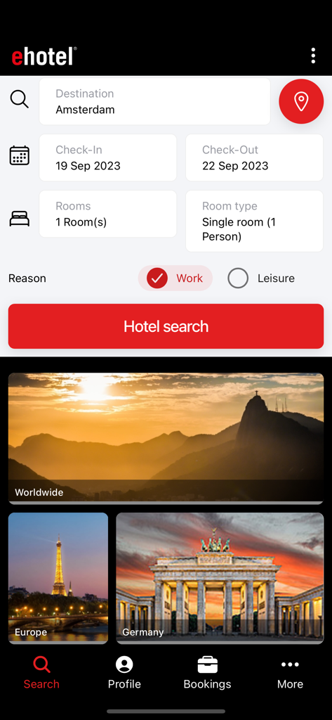 ehotel® hotel booking platform - ehotel app search interface for booking hotels with work or leisure options