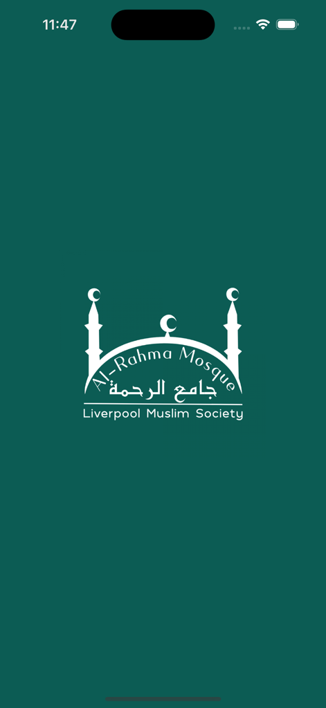 Splash screen of the Al-Rahma Mosque app featuring the Liverpool Muslim Society logo on a green background.