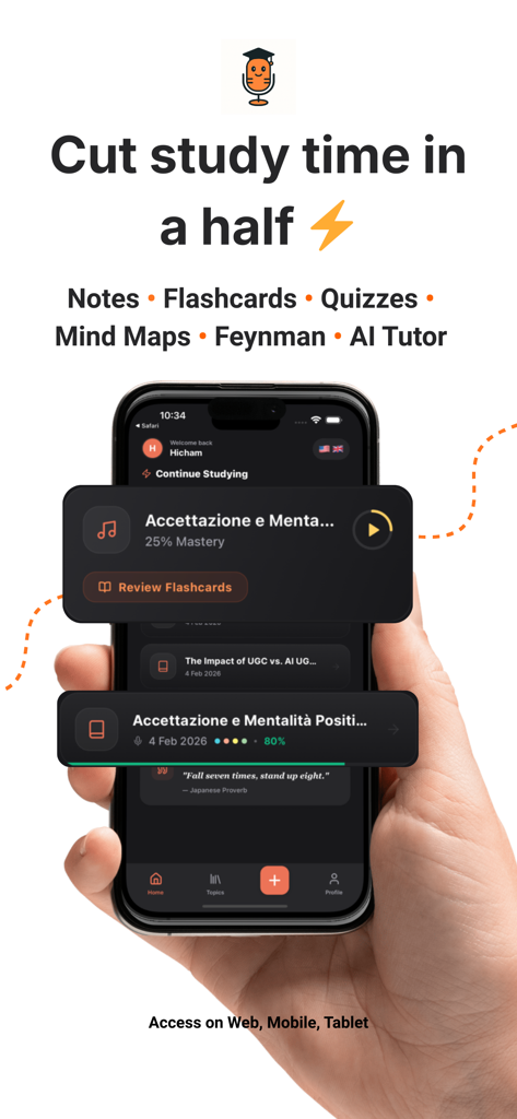 Interfaz de la aplicación móvil TikoNote que muestra funciones de estudio como tarjetas de memoria y cuestionarios en una pantalla de smartphone