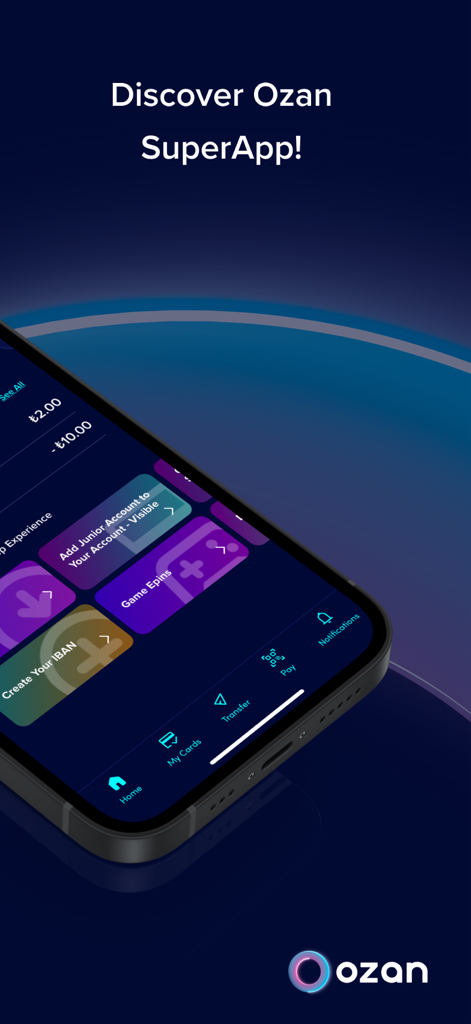 Ozan SuperApp - Smartphone screen displaying the Ozan SuperApp interface with various financial features.
