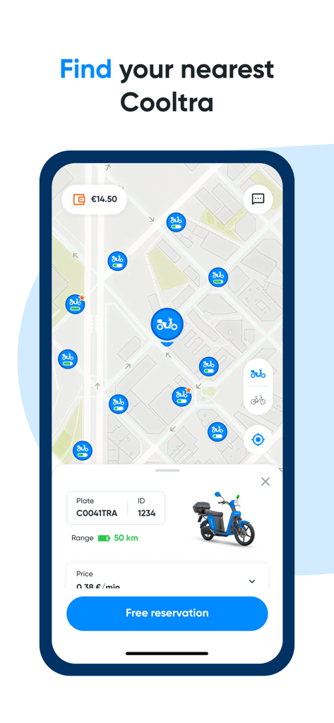 A mobile screen showing the Cooltra app map with several available electric mopeds and a selection card for a specific vehicle ready for reservation.