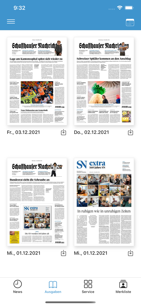 Tela do aplicativo Schaffhauser Nachrichten mostrando edições digitais do jornal e opções de download