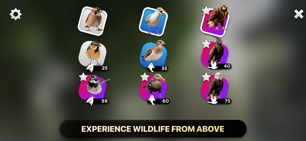 Bird Fly High 3D Simulator - Bird selection screen showing various unlockable bird species like eagles and seagulls