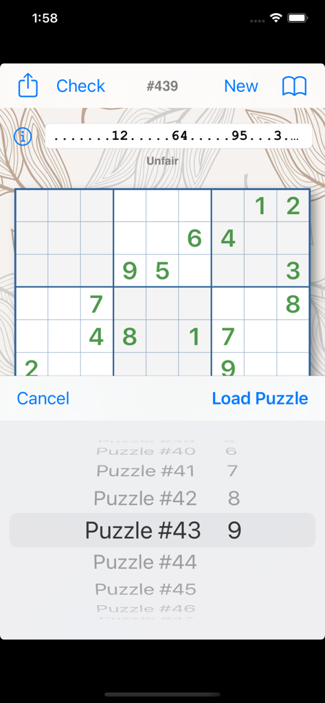 Smart Sudoku - Menú de selección de rompecabezas de Smart Sudoku que muestra un nivel de dificultad injusto y un botón para cargar rompecabezas