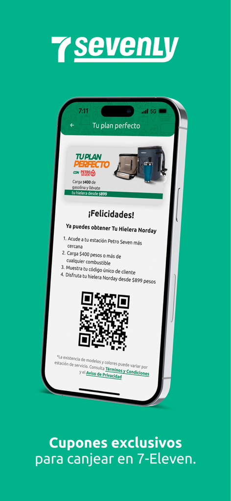 Sevenly app screen displaying an exclusive promotion and a QR code for rewards at 7-Eleven and Petro Seven stations