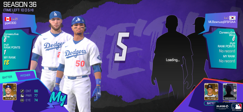 PvP matchmaking screen in MLB Perfect Inning 25 featuring Los Angeles Dodgers players and player rank stats