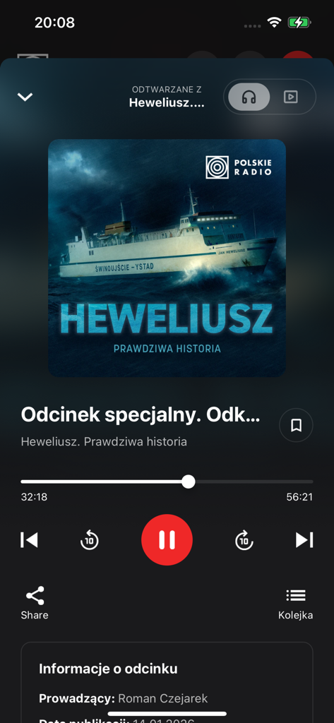 Interfaz del reproductor de podcasts de la aplicación móvil Polskie Radio reproduciendo un episodio de podcast titulado Heweliusz Prawdziwa historia