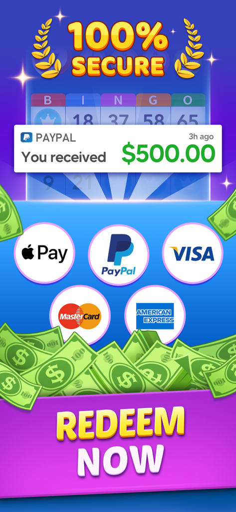 Bingo of Cash app interface showing secure payment methods like PayPal and Apple Pay with a five hundred dollar cash reward notification
